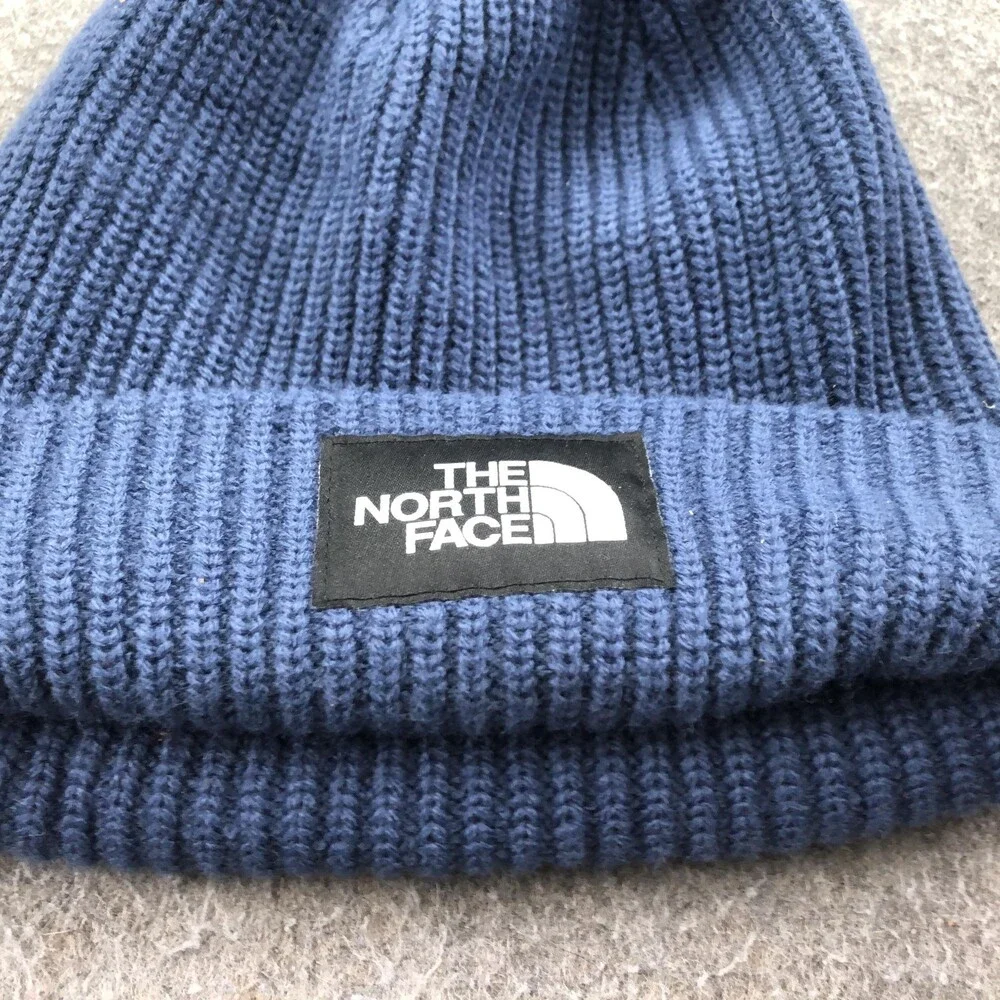 The North Face Hat Beanie Mens One Size Blue Salty Lined Knit Logo Winter Warm